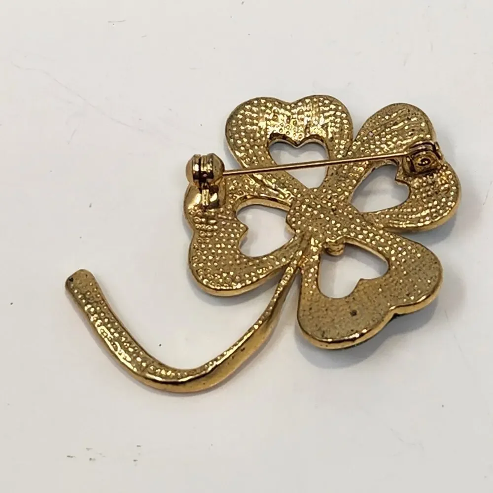Four Leaf Clover Green Sparkle Enamel Brooch Pin Lucky St Patricks Day Shamrock